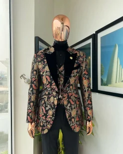 A Gold, peach and black mix metallic jacquard, peak lapel tuxedo suit