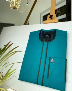 A Green Plain Front Flap African Kaftan with Gold Buttons Detailing and Sokoto