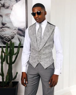 A Grey and black floral single-breasted, Peak lapel waistcoat