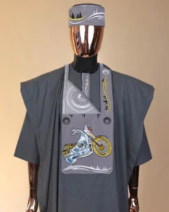 A Grey, bikers element metallic wire embroidery details agbada