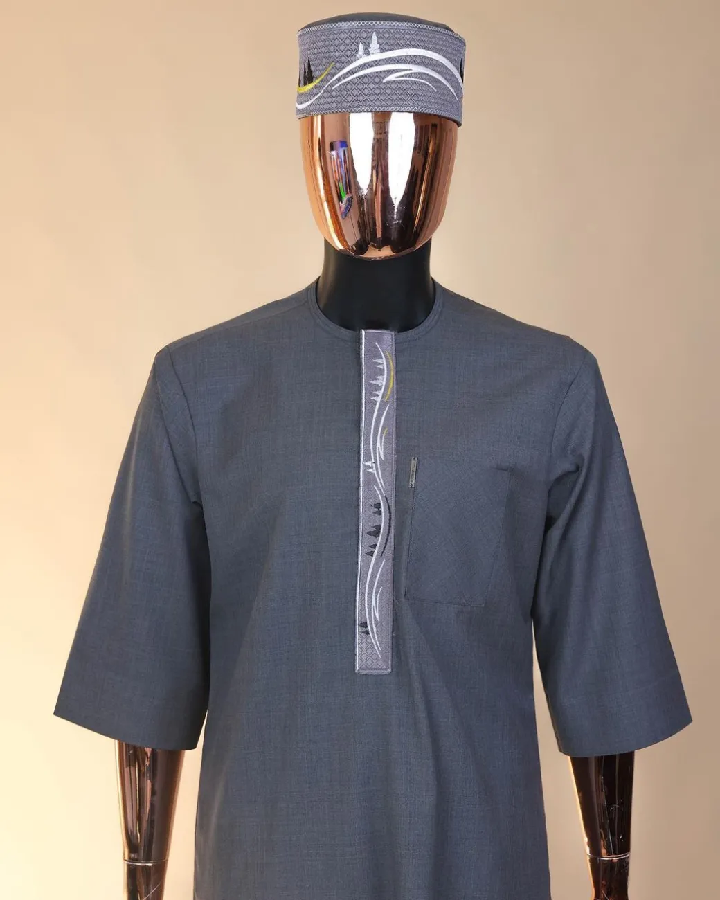 A Grey, bikers element metallic wire embroidery details agbada
