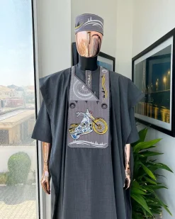 A Grey, bikers element metallic wire embroidery details agbada
