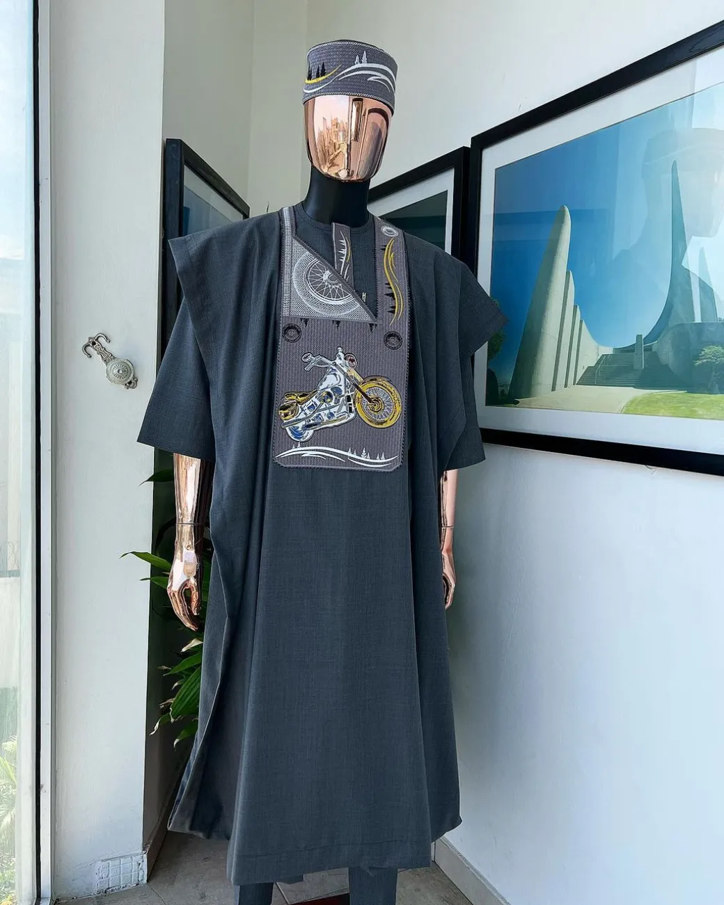 A Grey, bikers element metallic wire embroidery details agbada