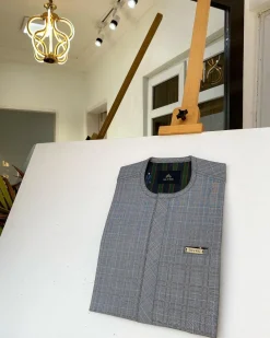 A Grey check Front flap African kaftan with pen hole details and sokoto
