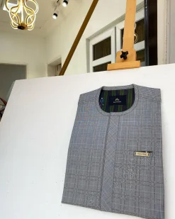A Grey check Front flap African kaftan with pen hole details and sokoto