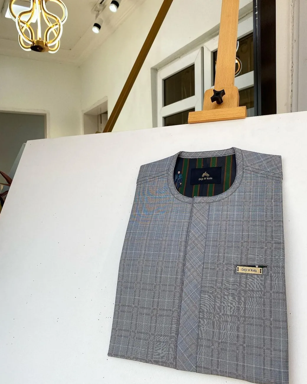 A Grey check Front flap African kaftan with pen hole details and sokoto