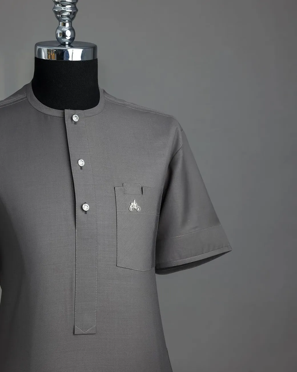 A Grey, Front Flap With A Clear View Swarovski Crystal Button, Shirt Sleeve African Senator Kaftan Native