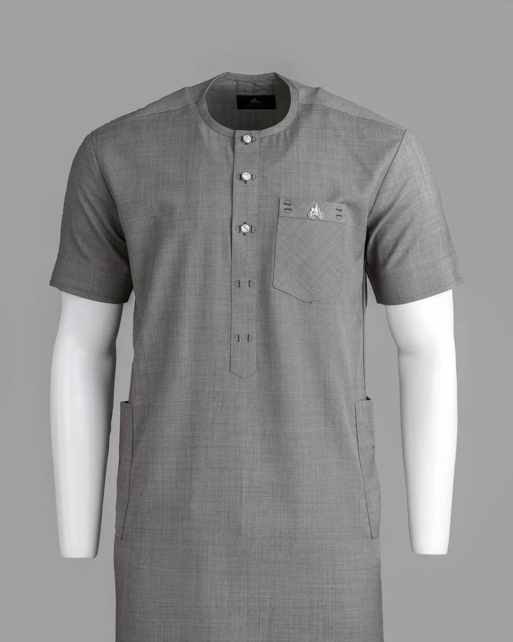 A Grey Front Flap With A Clear View Swarovski Crystal Button, Short-Sleeve African Senator Kaftan Native.