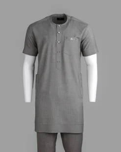A Grey Front Flap With A Clear View Swarovski Crystal Button, Short-Sleeve African Senator Kaftan Native.