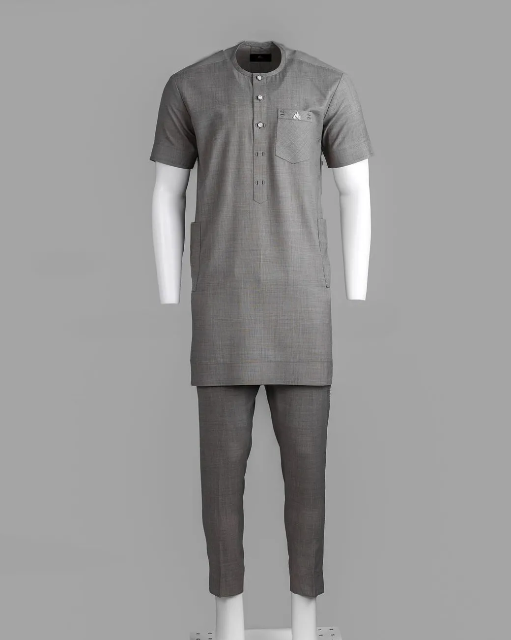 A Grey Front Flap With A Clear View Swarovski Crystal Button, Short-Sleeve African Senator Kaftan Native.