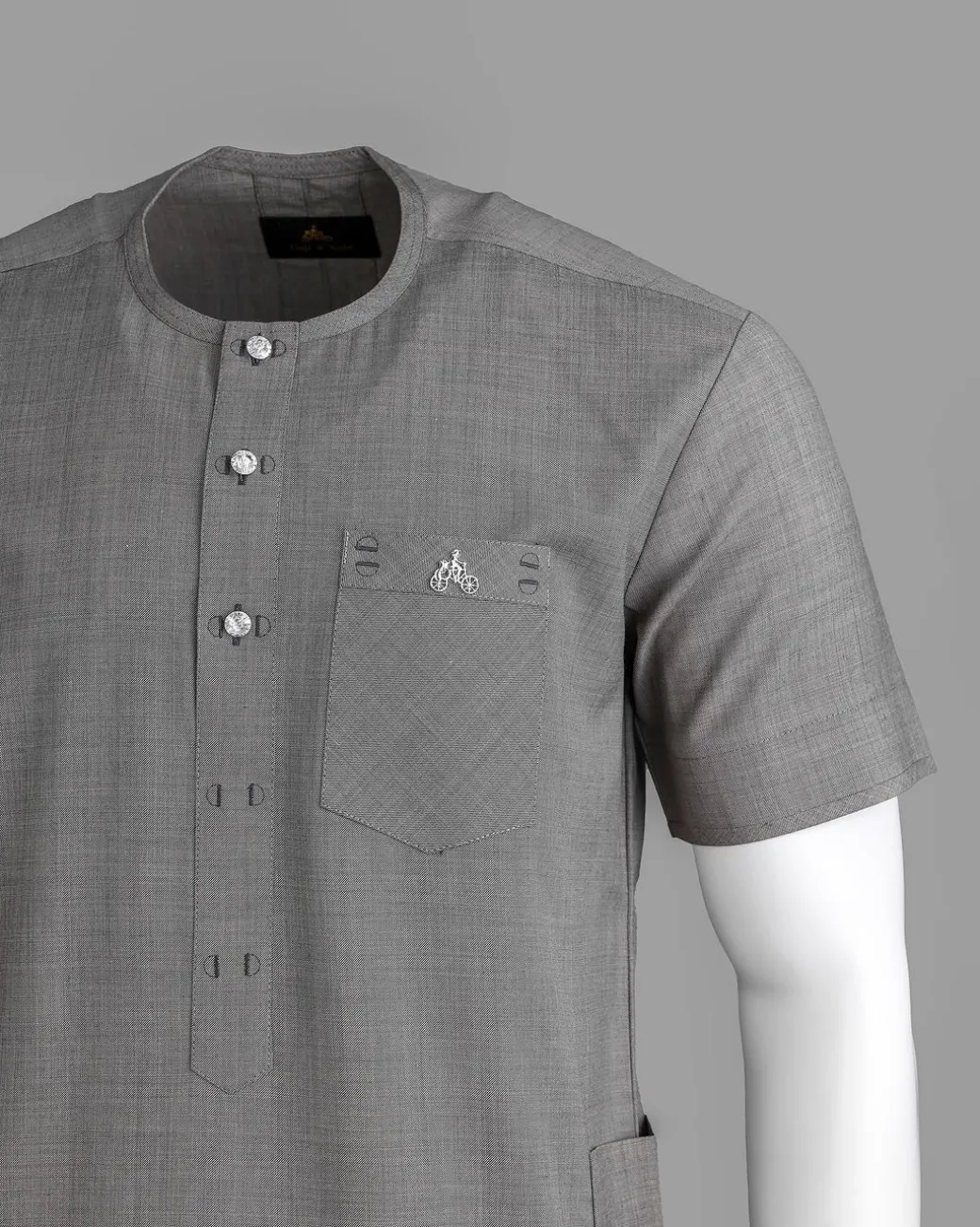A Grey Front Flap With A Clear View Swarovski Crystal Button, Short-Sleeve African Senator Kaftan Native.
