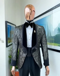 A grey, Iron and shadow grey metallic jacquard royal shawl lapel tuxedo suit