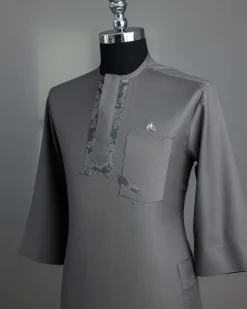 A Grey, matching slanted paisley, front flap, 3/4-sleeve African senator kaftan native.