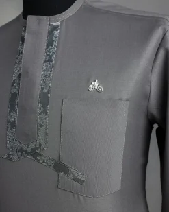 A Grey, matching slanted paisley, front flap, 3/4-sleeve African senator kaftan native.