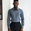 A Grey, navy blue, and herringbone blue checkerboard high & slant collar business shirt.