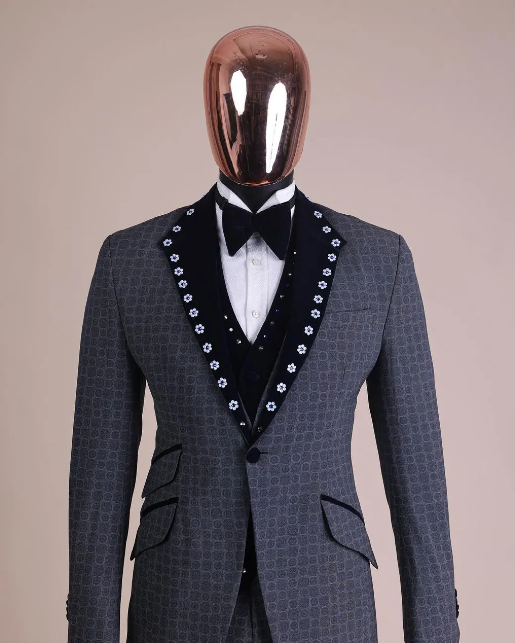 A Grey Octagonal Patterned, Navy blue mix, notch lapel with mixed Swarovski button details