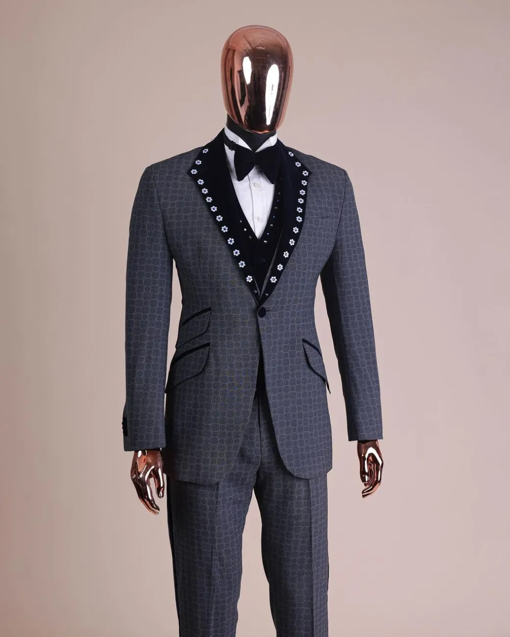 A Grey Octagonal Patterned, Navy blue mix, notch lapel with mixed Swarovski button details