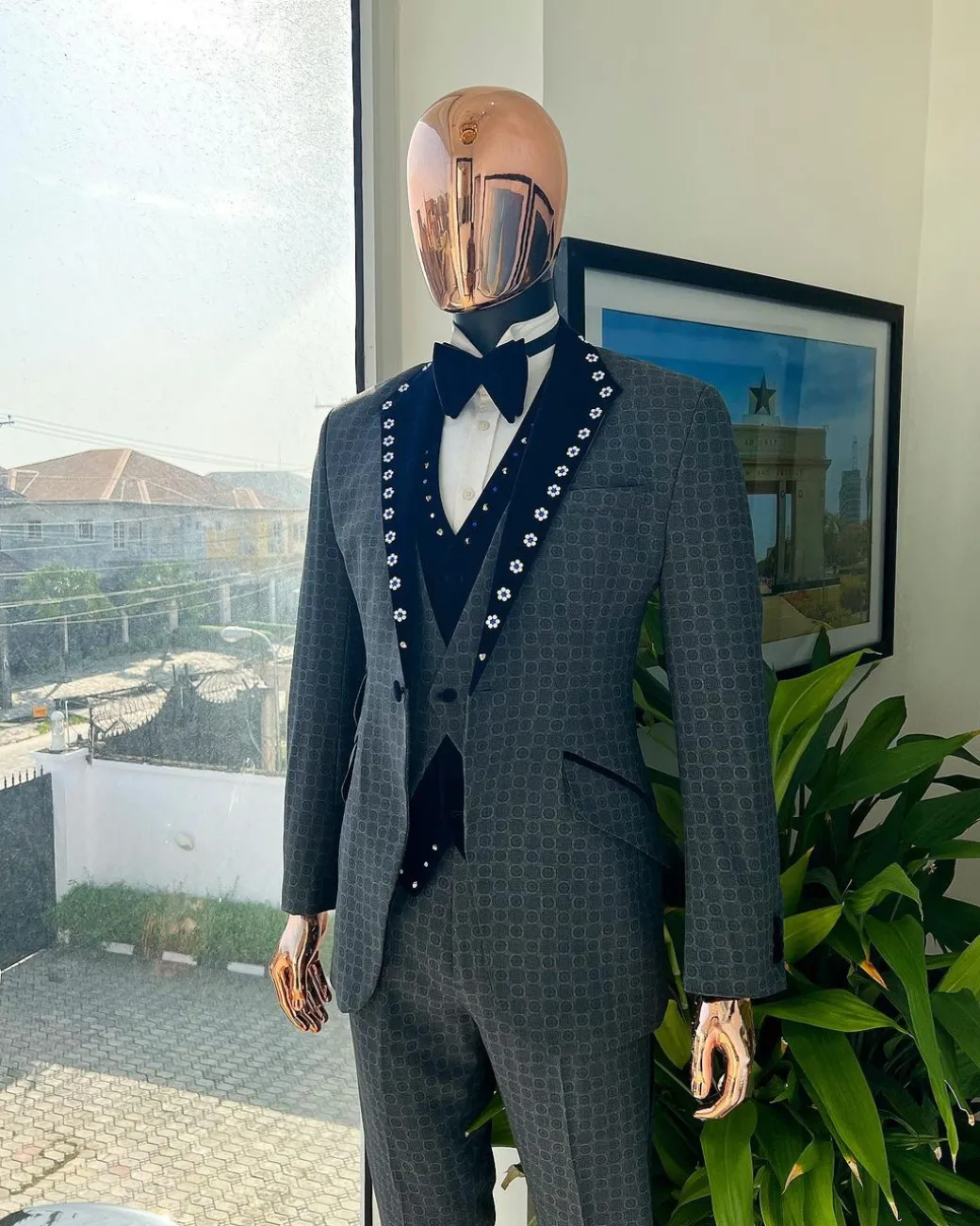 A Grey Octagonal Patterned, Navy blue mix, notch lapel with mixed Swarovski button details