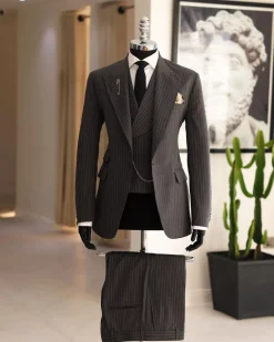 A Grey Pencil Stripe, Nobility, Knitted, Peak Lapel Suit
