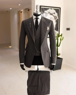 A Grey Pencil Stripe, Nobility, Knitted, Peak Lapel Suit