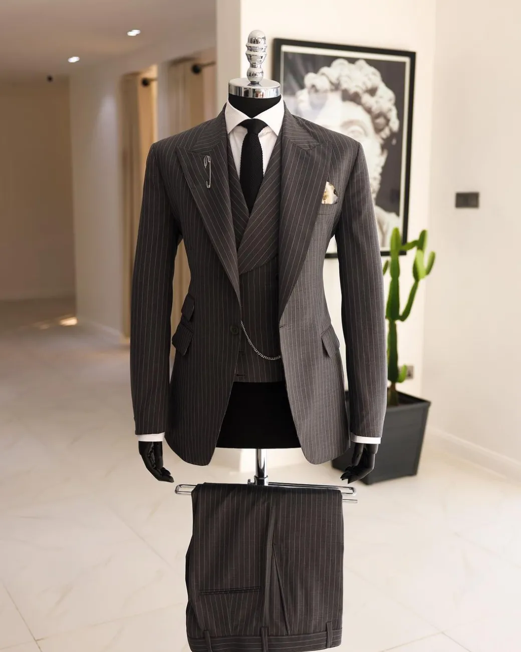 A Grey Pencil Stripe, Nobility, Knitted, Peak Lapel Suit