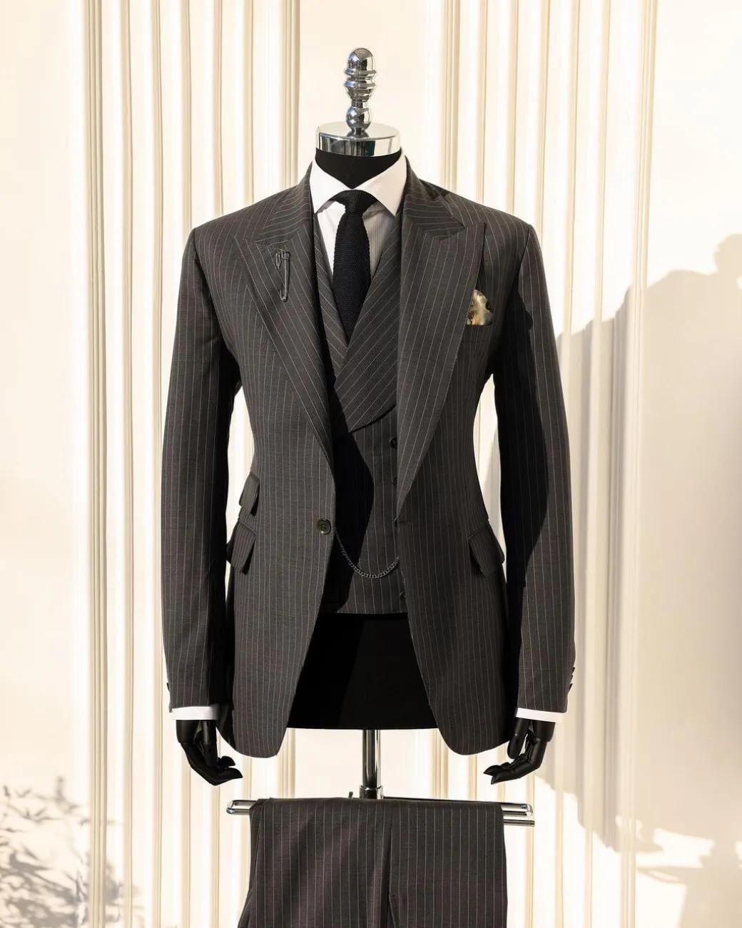 A Grey Pencil Stripe, Nobility, Knitted, Peak Lapel Suit