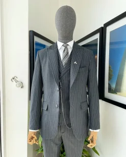 A Grey pencil stripe peak lapel suit, double-breasted notch lapel suit