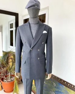 A Grey Pinstripe Peak Lapel Double Breasted Suit
