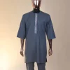 A grey, undulating lane embroidery, 3/4-sleeve African senator kaftan native