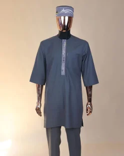A grey, undulating lane embroidery, 3/4-sleeve African senator kaftan native