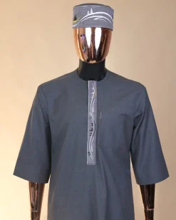 A grey, undulating lane embroidery, 3/4-sleeve African senator kaftan native
