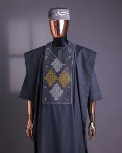 A Grey, Wooven Interconnected Square Details Agbada