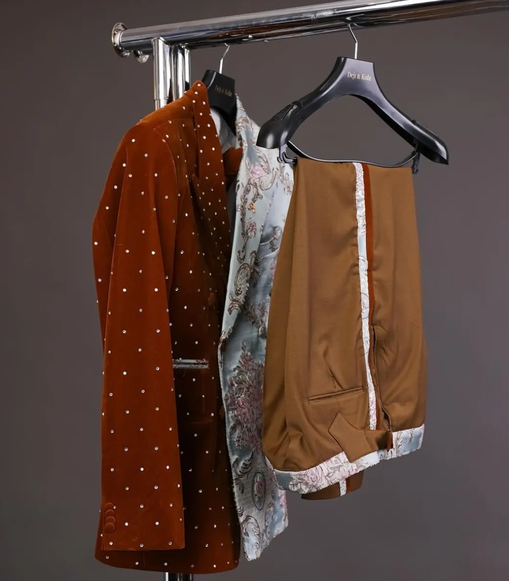 A half mix double breasted pistachio green, pink and brown metallic jacquard, walnut brown velvet suit