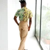 A Half-cut, brown beach plants prints, green mixed prints vintage club collar casual shirt.
