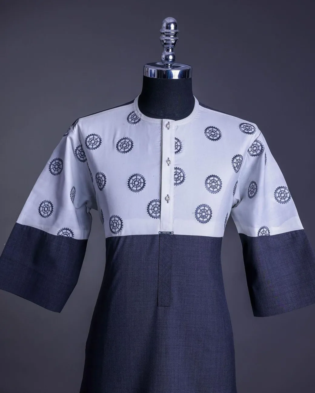 A Half-cut, white & grey Front flap with crystals Swarovski buttons, ring embroidery on white, 3/4 sleeve details African senator kaftan native.