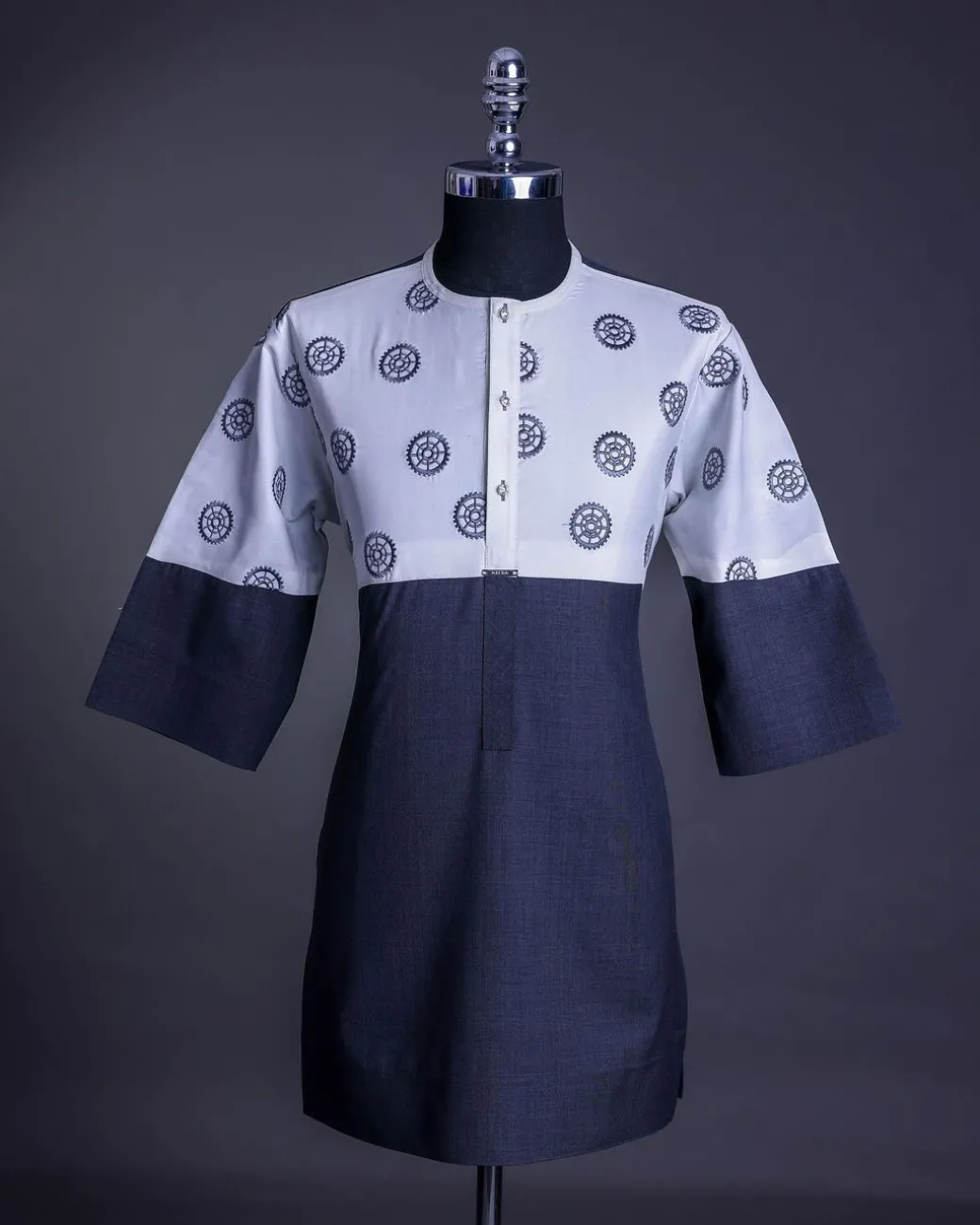 A Half-cut, white & grey Front flap with crystals Swarovski buttons, ring embroidery on white, 3/4 sleeve details African senator kaftan native.