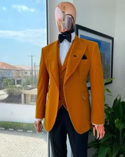 A Hand knitted soaked Italian velvet ochre yellow peak lapel suit