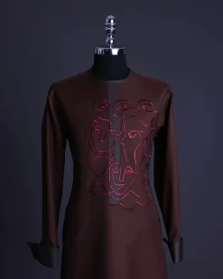 A Hickory Brown, front flap with “Eve Of May” embroidery detailing African senator kaftan native.