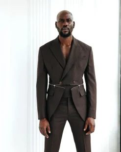 A Hickory Monochrome Brown And Black Nobility Check, Knitted, Double-Breasted “Zipper” Peak Lapel Suit