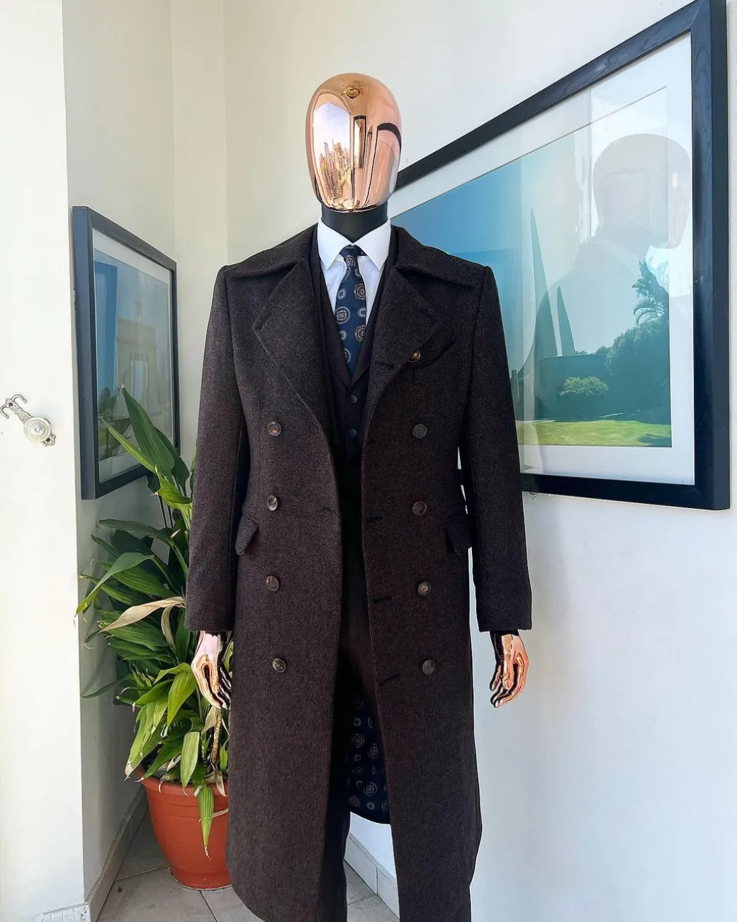 A Hikory Brown – Jorgecarli Vogue jacket – “Sicilian” Peak Lapel Double Breasted Trench suit, peak lapel suit, classic waist coat, hat & pant Trouser.