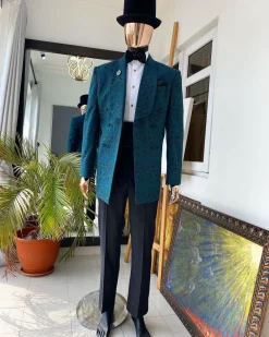 A “Jonnie Walker” shawl lapel double breasted green floral pattern jacquard tuxedo suit