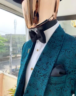 A “Jonnie Walker” shawl lapel double breasted green floral pattern jacquard tuxedo suit