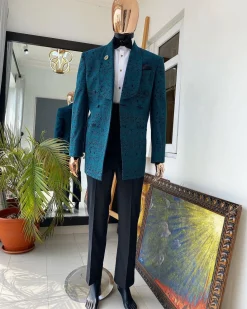 A “Jonnie Walker” shawl lapel double breasted green floral pattern jacquard tuxedo suit
