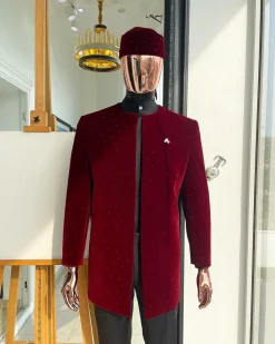 A “Justin” mahogany red soaked Italian velvet Ceremonial suktan with black Swarovski stone detailing