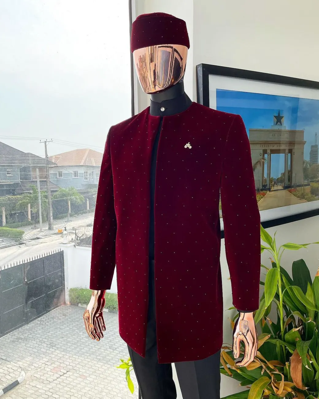 A “Justin” mahogany red soaked Italian velvet Ceremonial suktan with black Swarovski stone detailing