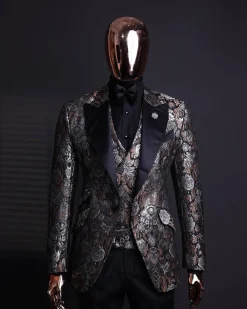 A knitted, brown, silver and black floral jacquard peak lapel suit