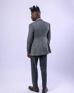 A knitted, Grey, notch lapel, patch pocket business suit