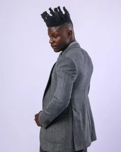 A knitted, Grey, notch lapel, patch pocket business suit