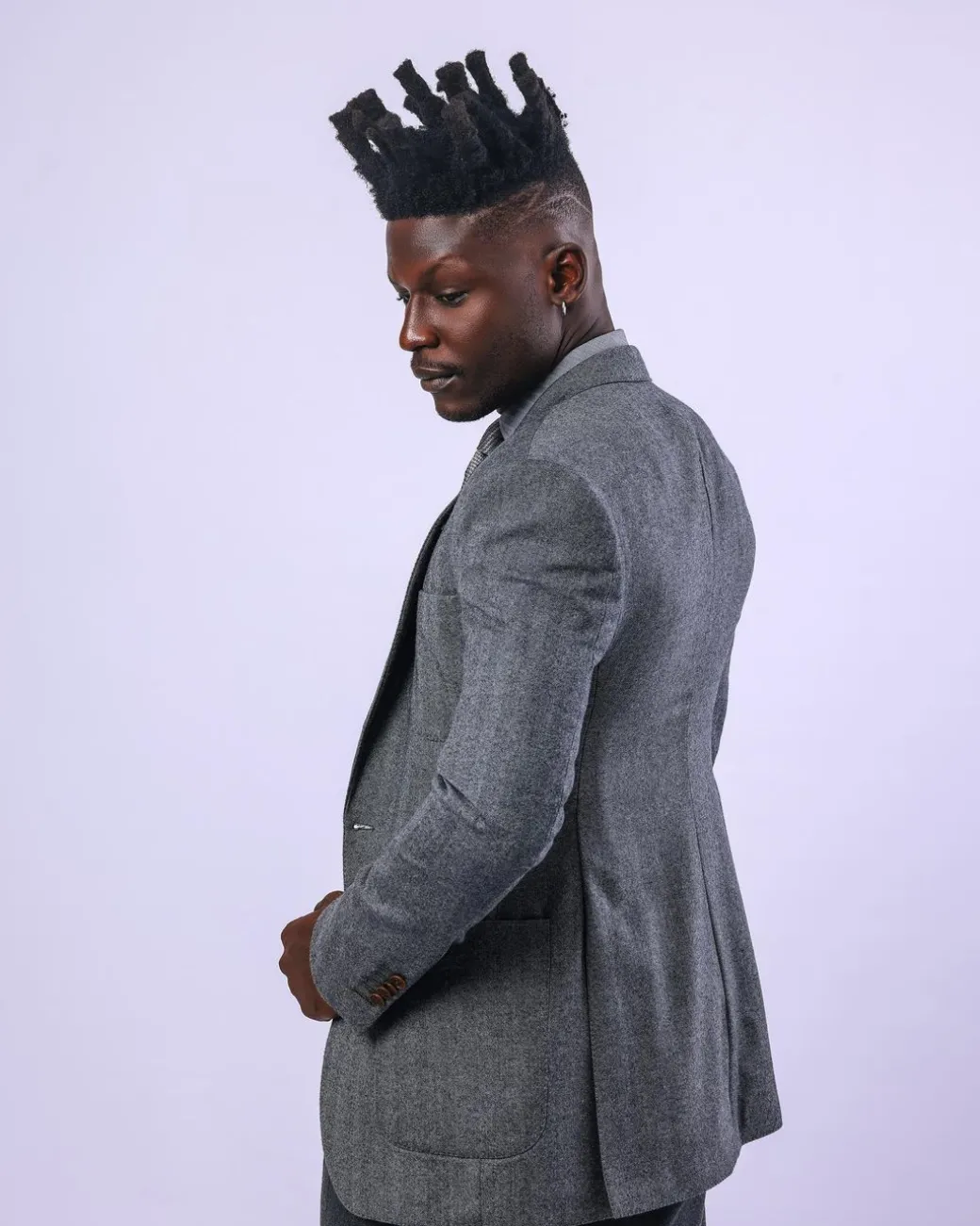 A knitted, Grey, notch lapel, patch pocket business suit