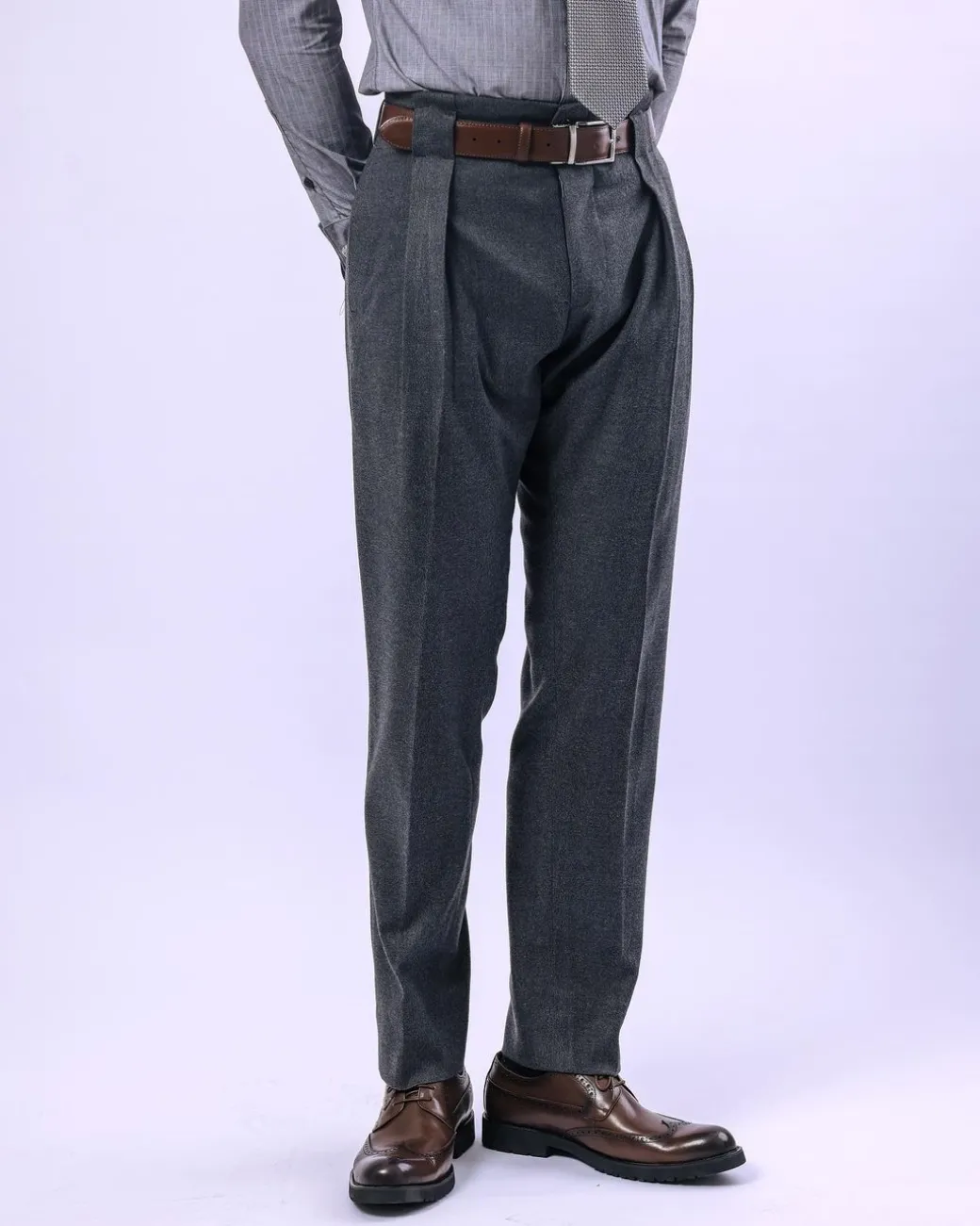 A knitted, Grey, notch lapel, patch pocket business suit
